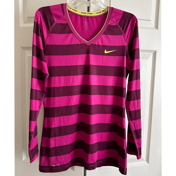 Nike Pro Longsleeve Dri-Fit Shirt, Rugby Pink & Burgundy Stripe, Size L - Picture 1 of 6